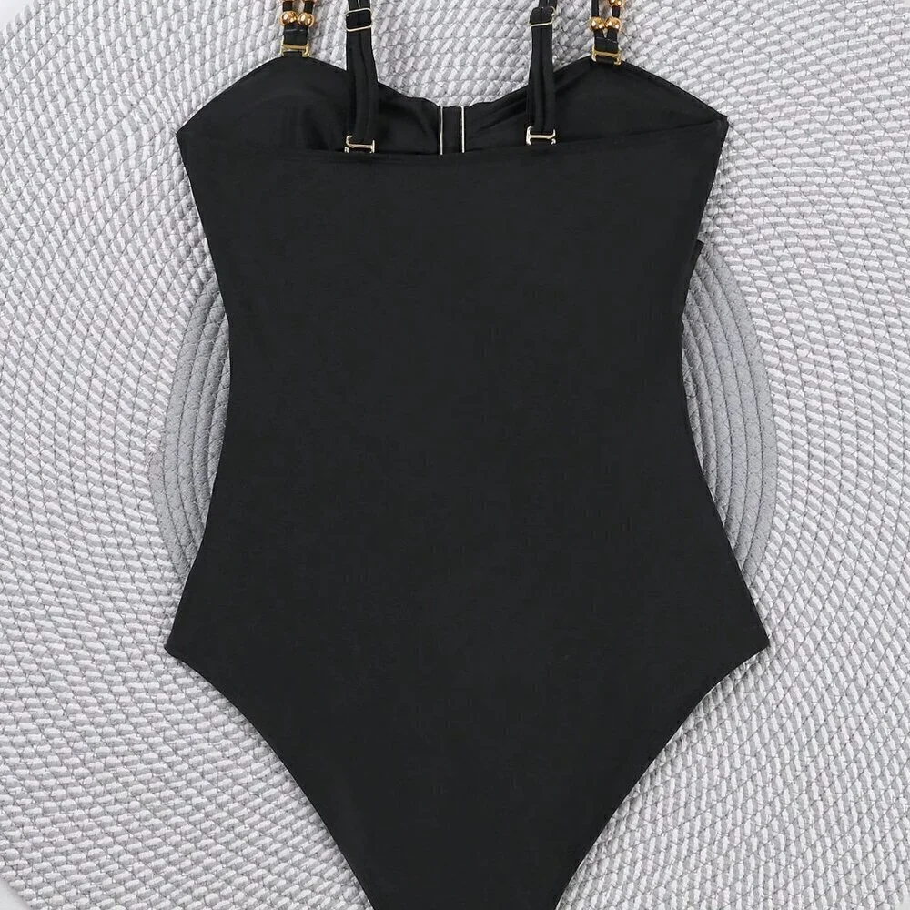 Black Sexy Women's Colorblock Hollow Out One Piece Swimsuit